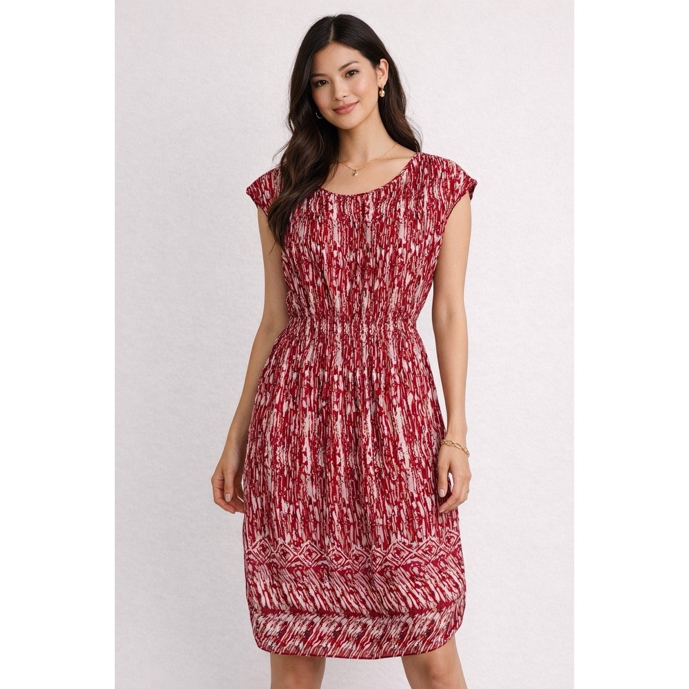 Max Studio Red White Print Dress Size XS Cap Sleeve Elastic Waist Midi